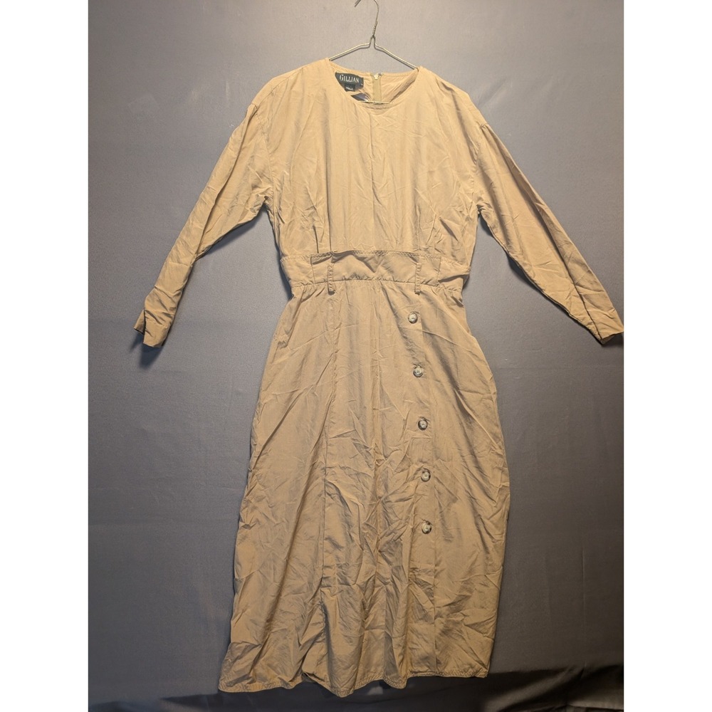 Gillian Shirt Dress Womens 12 Beige Silk Side Button Detail 3/4 Sleeve Midi
